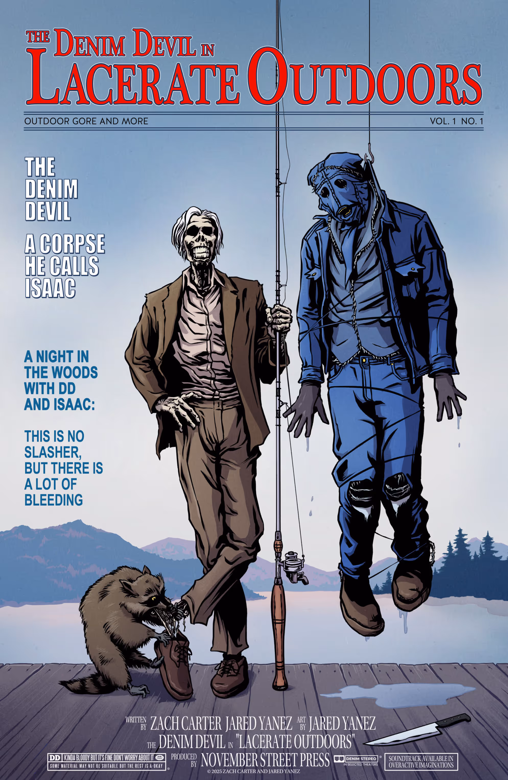 Cover image to The Denim Devil in Lacerate Outdoors. Parody of the poster for The Great Outdoors, featuring the Denim Devil and a corpse he calls Isaac.