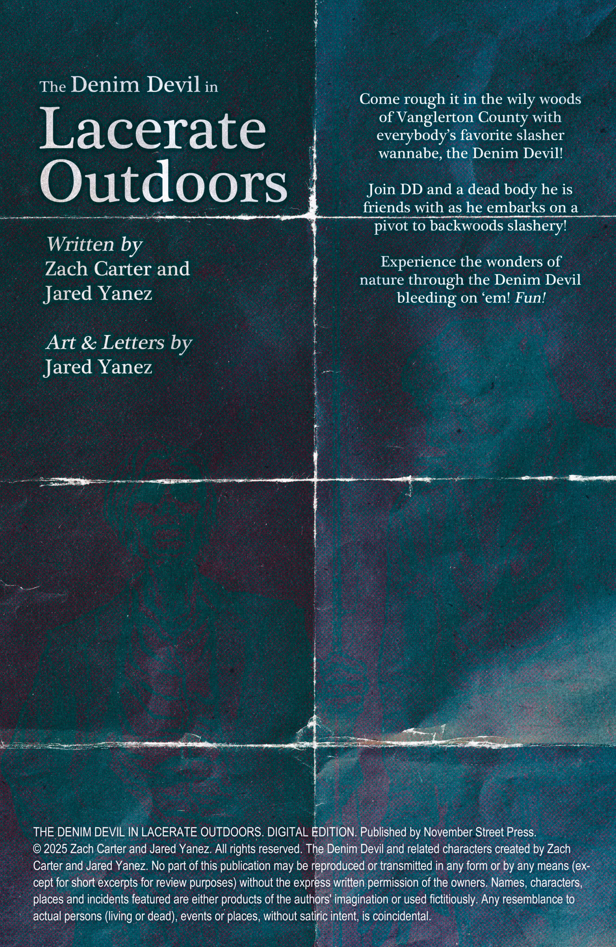 Credits and summary page for The Denim Devil in Lacerate Outdoors, by Zach Carter and Jared Yanez