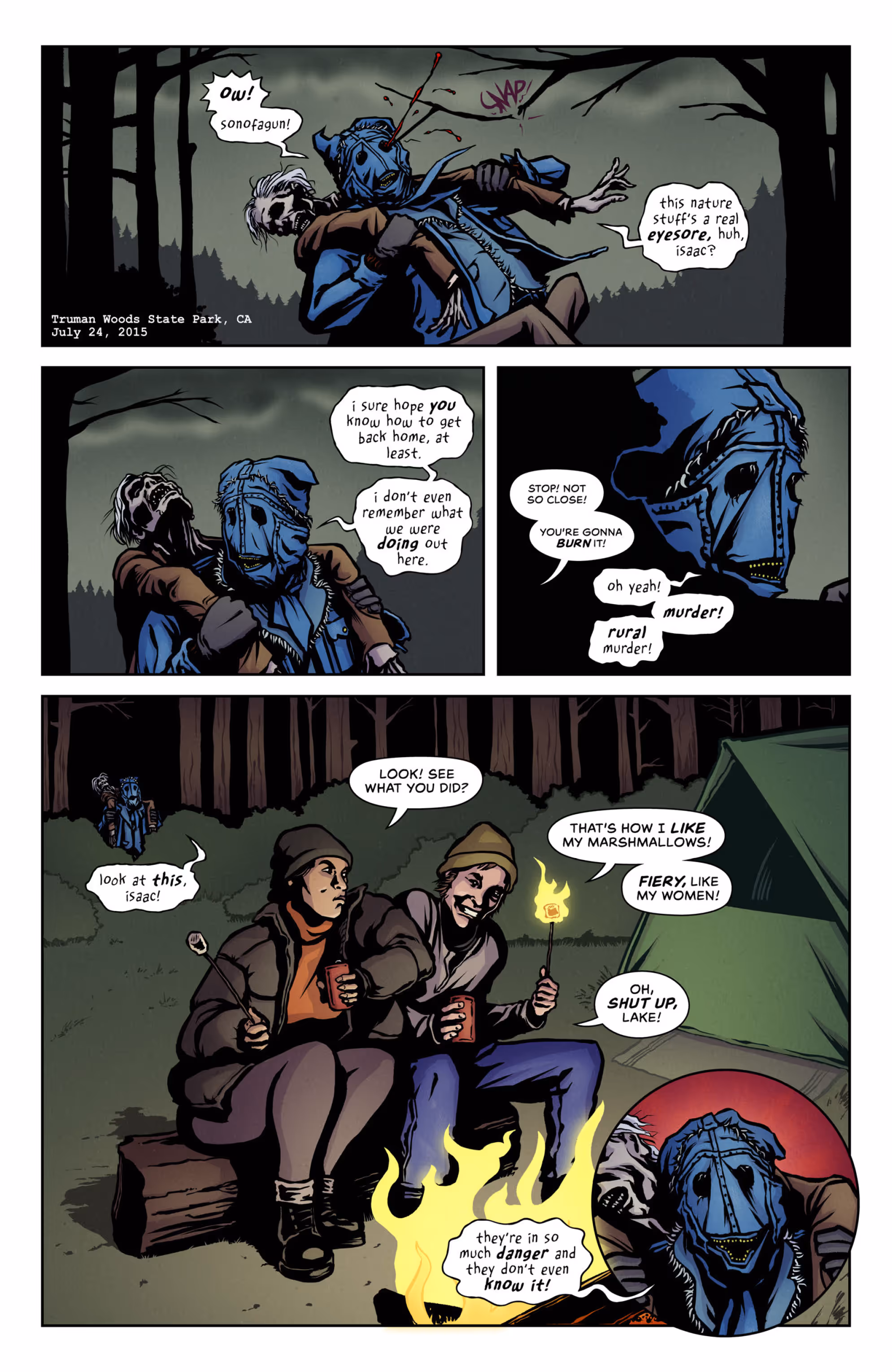 Page 1 of The Denim Devil in Lacerate Outdoors - the Denim Devil and his corpse friend Isaac stumble on campers.