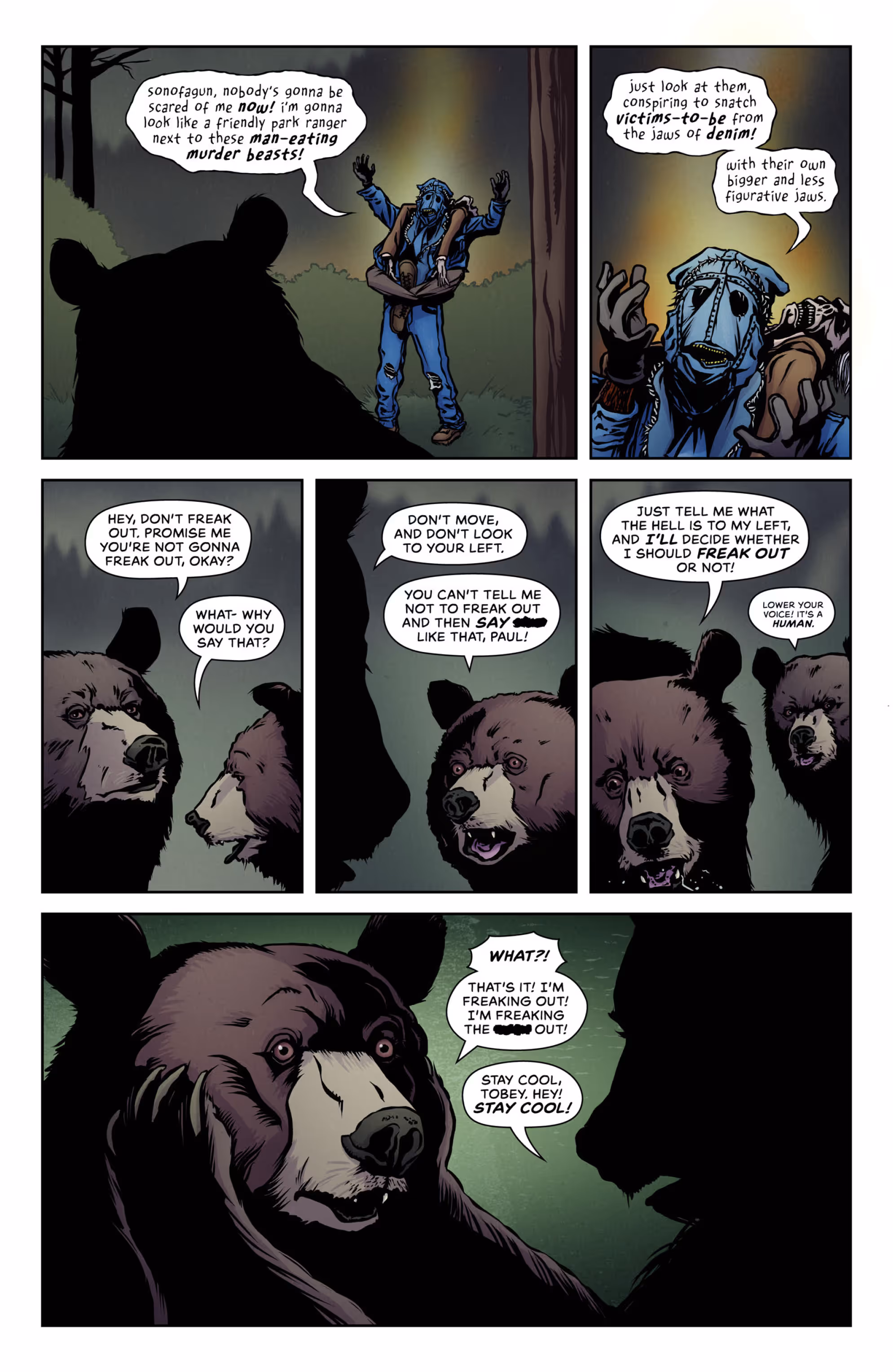 Page 3 of The Denim Devil in Lacerate Outdoors - the Denim Devil complains about bears stealing his thunder, the bears freak out about him.