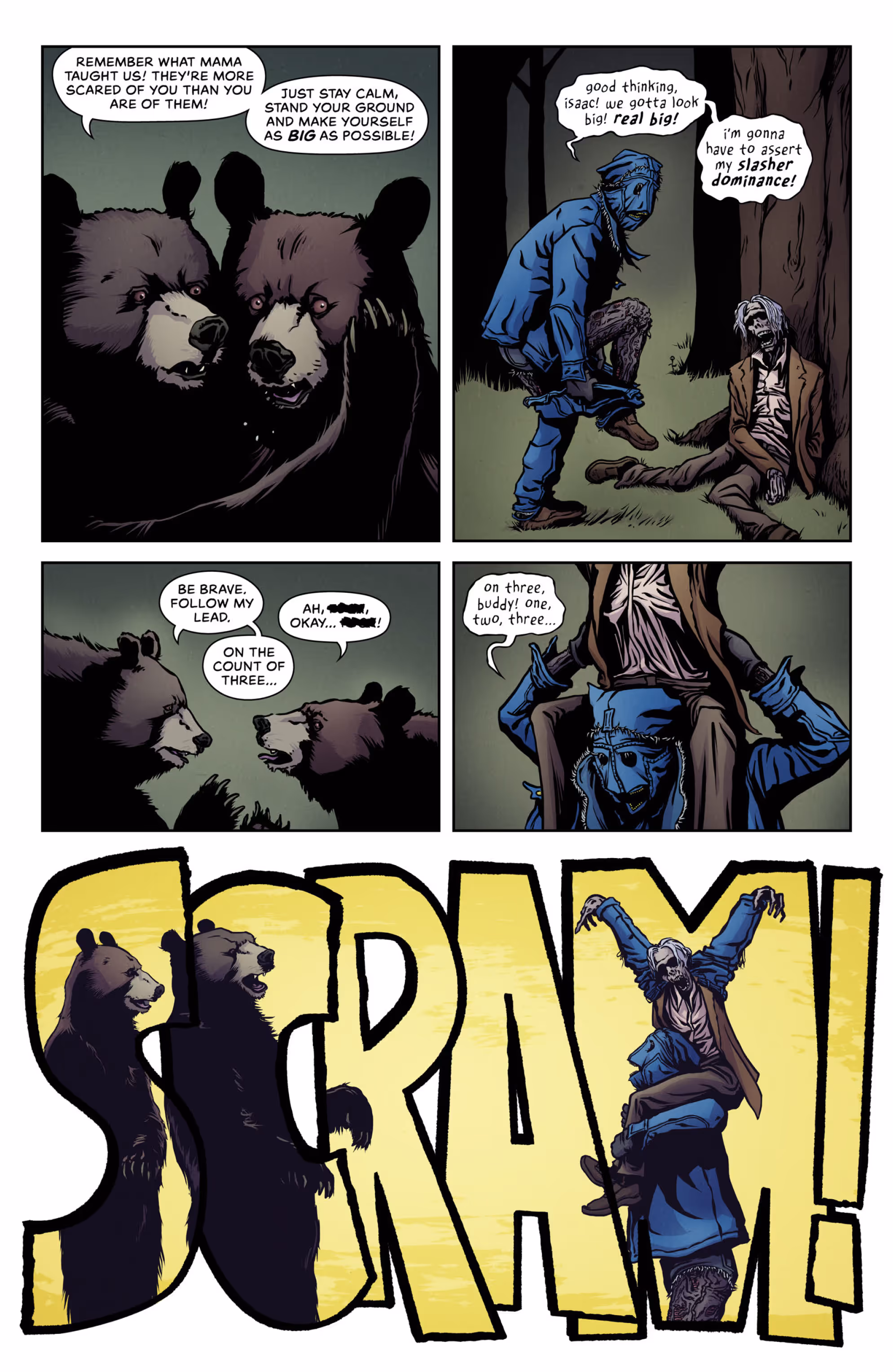 Page 4 of The Denim Devil in Lacerate Outdoors - the bears and the Denim Devil both try to look bigger to scare the other off.