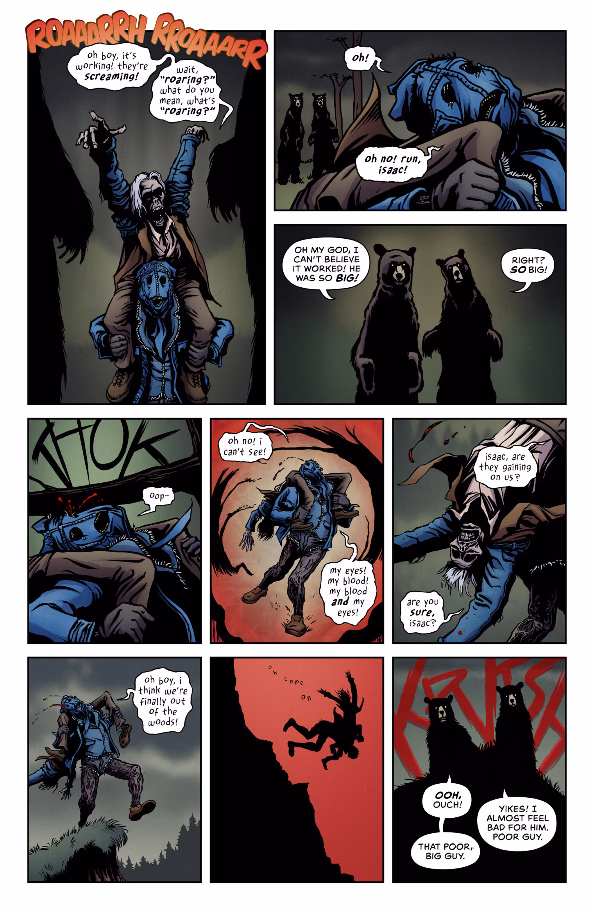 Page 5 of The Denim Devil in Lacerate Outdoors - the Denim Devil runs away from the bears, bops his head and tumbles off a cliff.