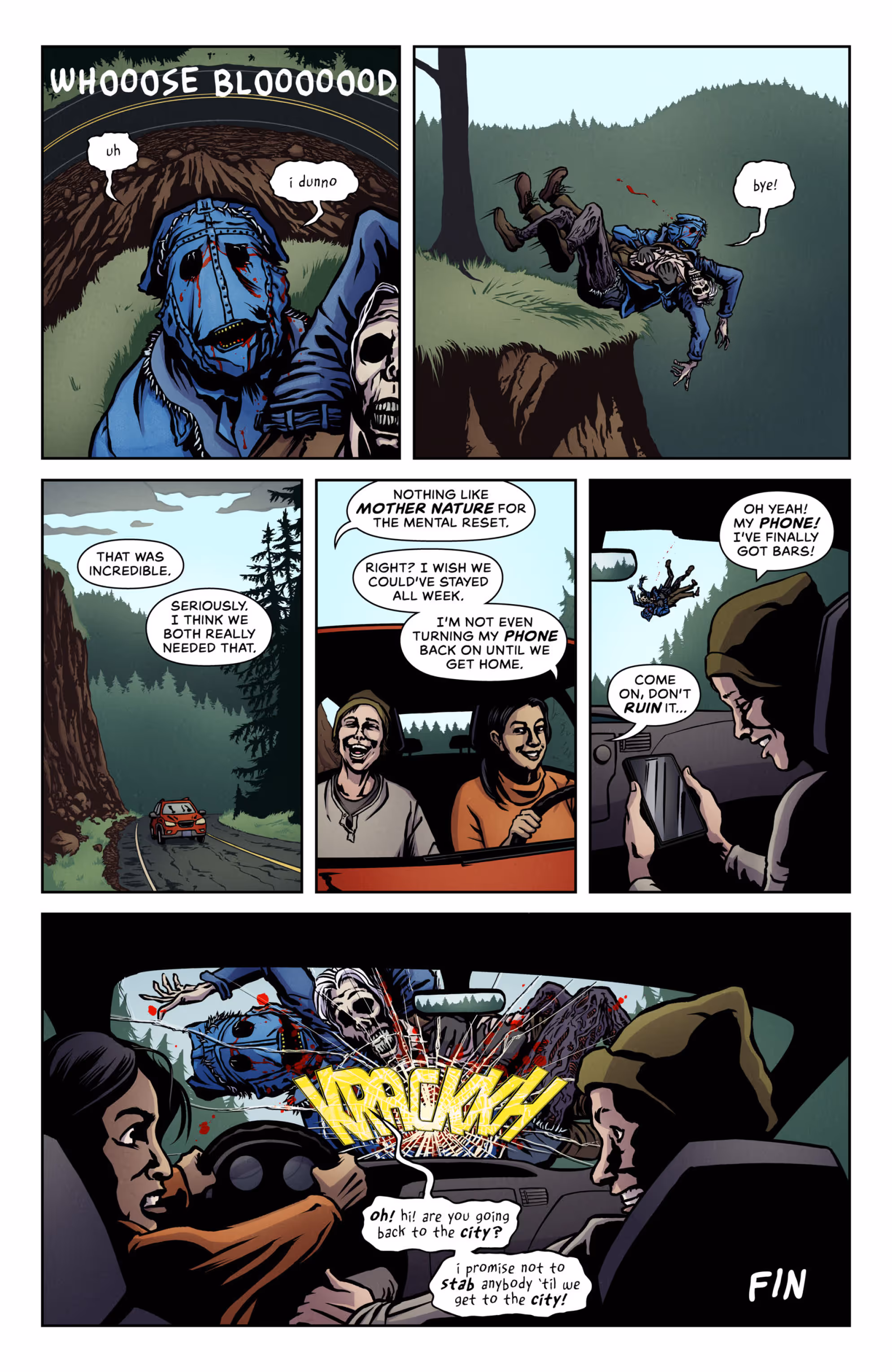 Page 7 of The Denim Devil in Lacerate Outdoors - the Denim Devil flees the evil cloud by jumping off yet another cliff and ends up landing on a car driven by the campers from page 1.